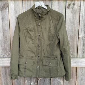 Prana Bomber Jacket Womens Full Zip Mock Neck Pockets Olive Green Size Large